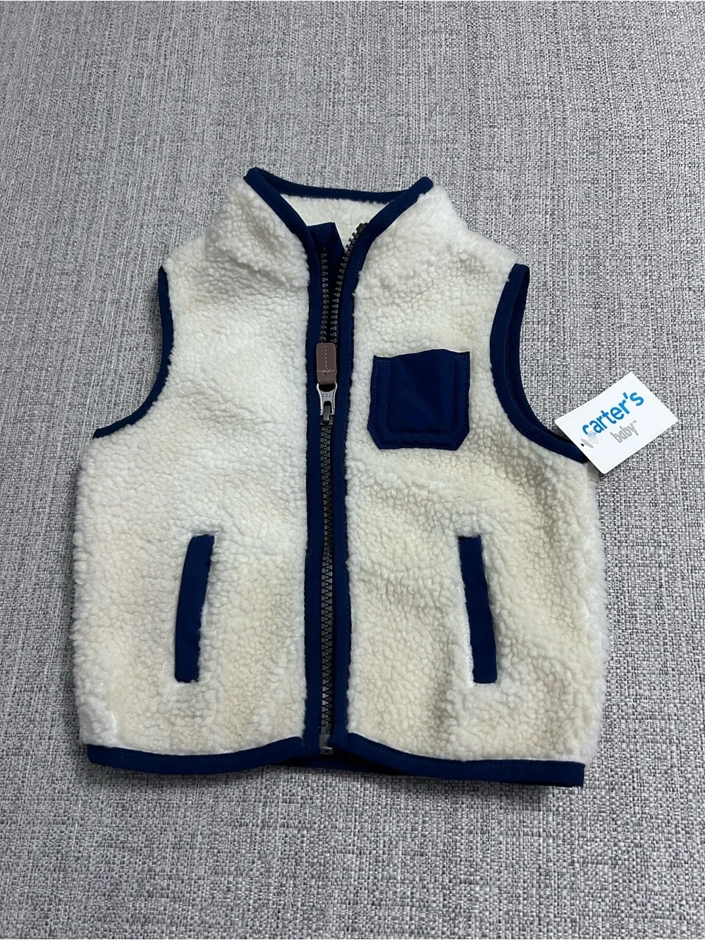 Carter's Cream Sherpa Vest with Navy Trim Size 6M. NWT